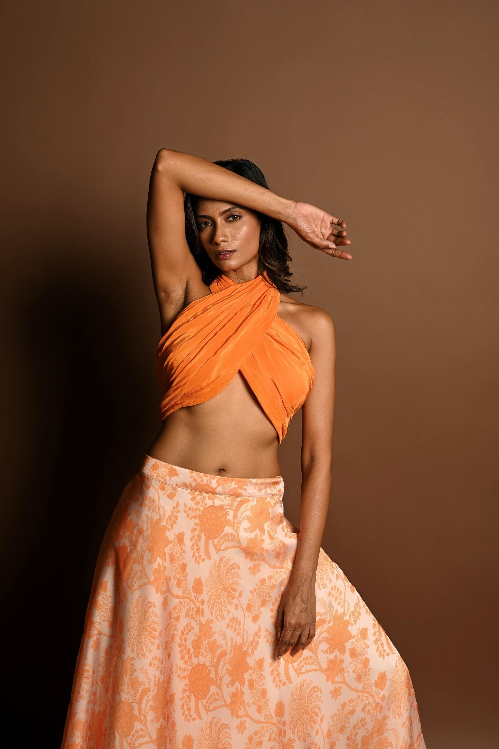 Orange Lehenga Set with Halter Neck Top and Printed Skirt - Anvi Couture