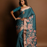 Teal Blue Kantha Stitch Saree in Silk with Gold Border - Anvi Couture