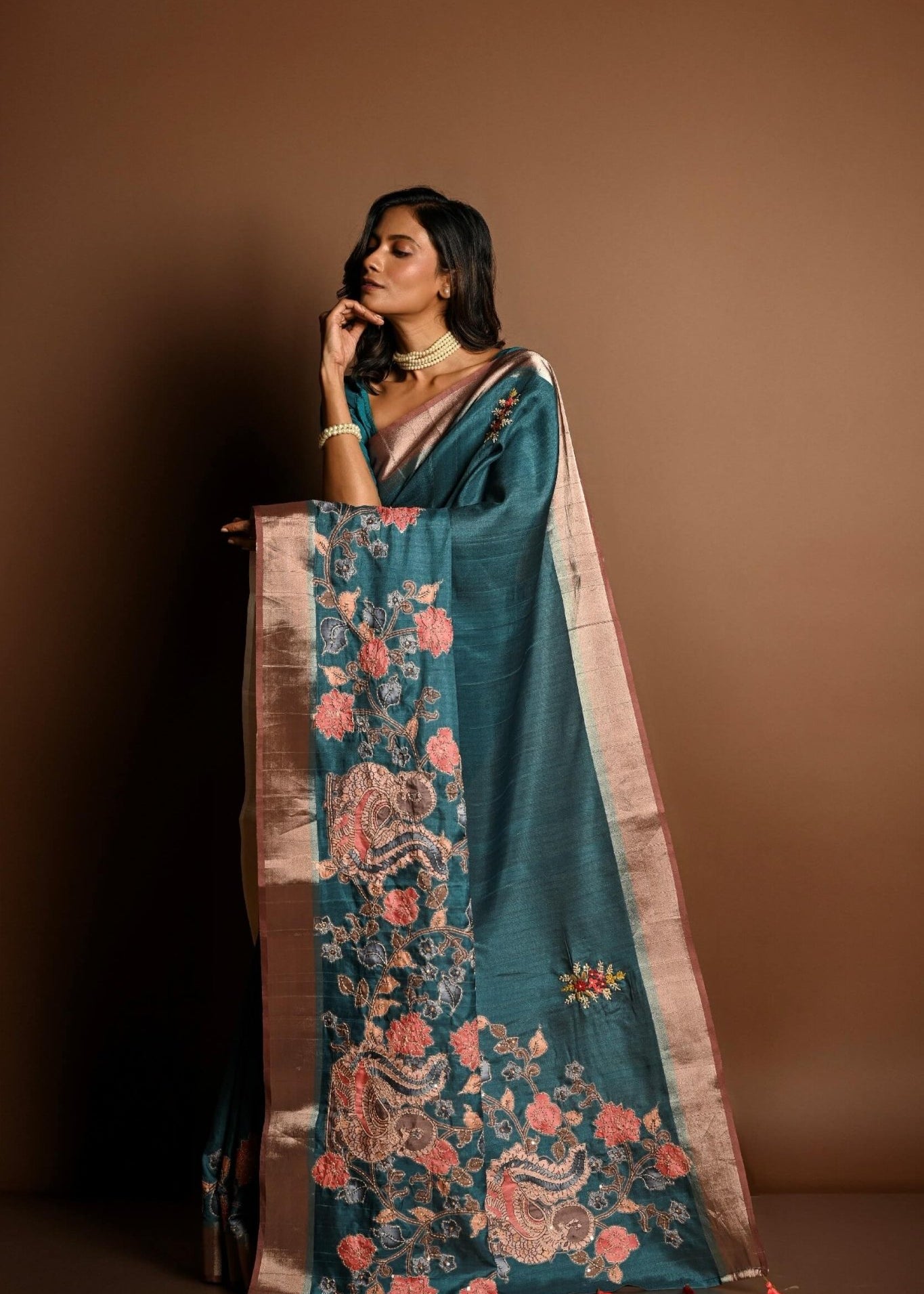 Teal Blue Kantha Stitch Saree in Silk with Gold Border - Anvi Couture