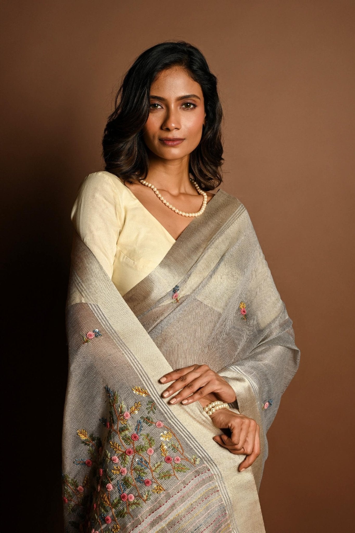 Light Grey Saree in Silk Linen with Floral Embroidery Work - Anvi Couture
