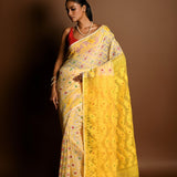 Yellow Pure Tant Jamdani Saree with All Over Red and Green Buta - Anvi Couture