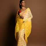 Yellow Pure Tant Jamdani Saree with All Over Red and Green Buta - Anvi Couture