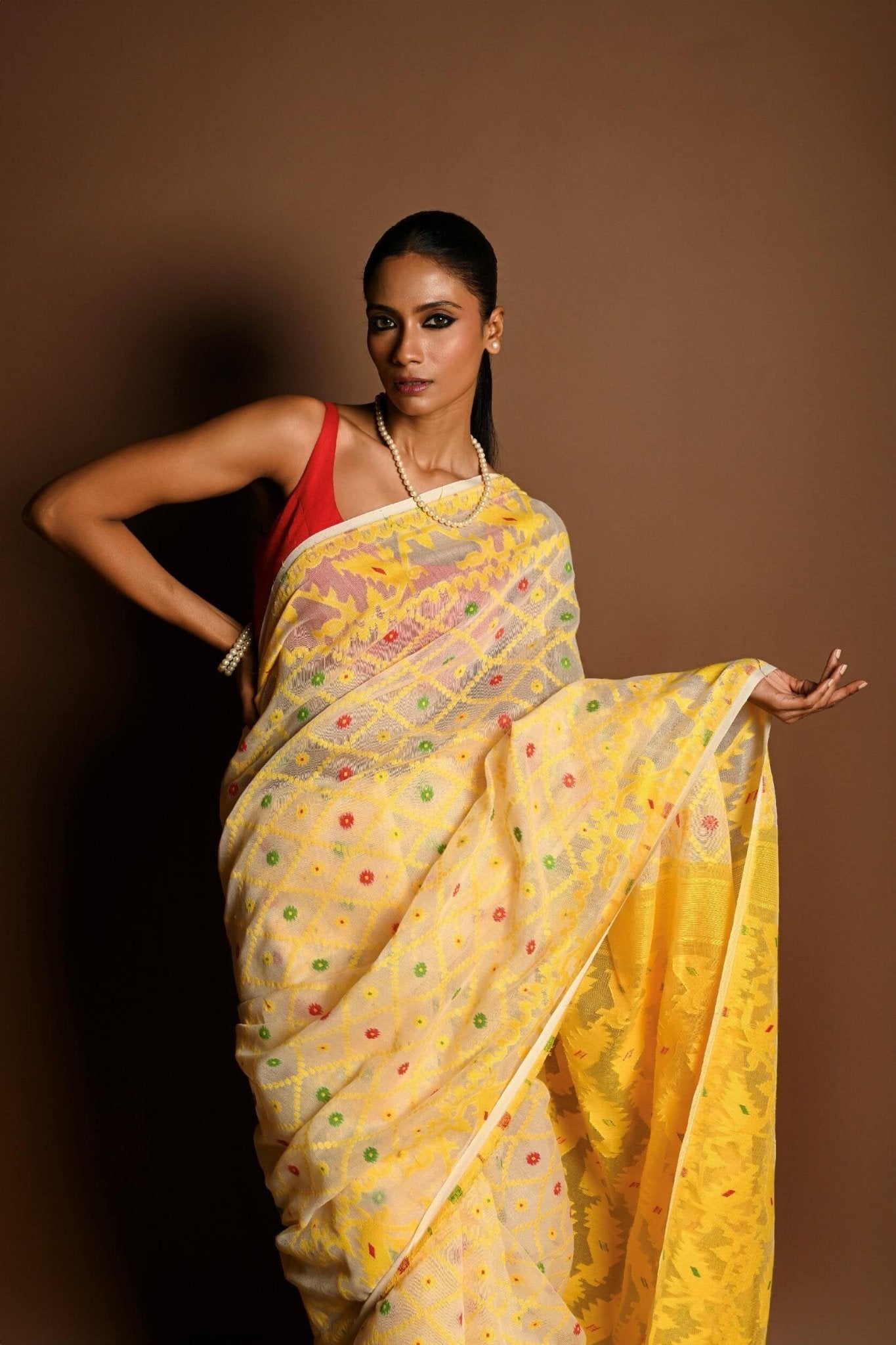 Yellow Pure Tant Jamdani Saree with All Over Red and Green Buta - Anvi Couture