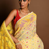 Yellow Pure Tant Jamdani Saree with All Over Red and Green Buta - Anvi Couture