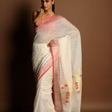 Red and White Tant Jamdani with Gold Zari Work - Anvi Couture