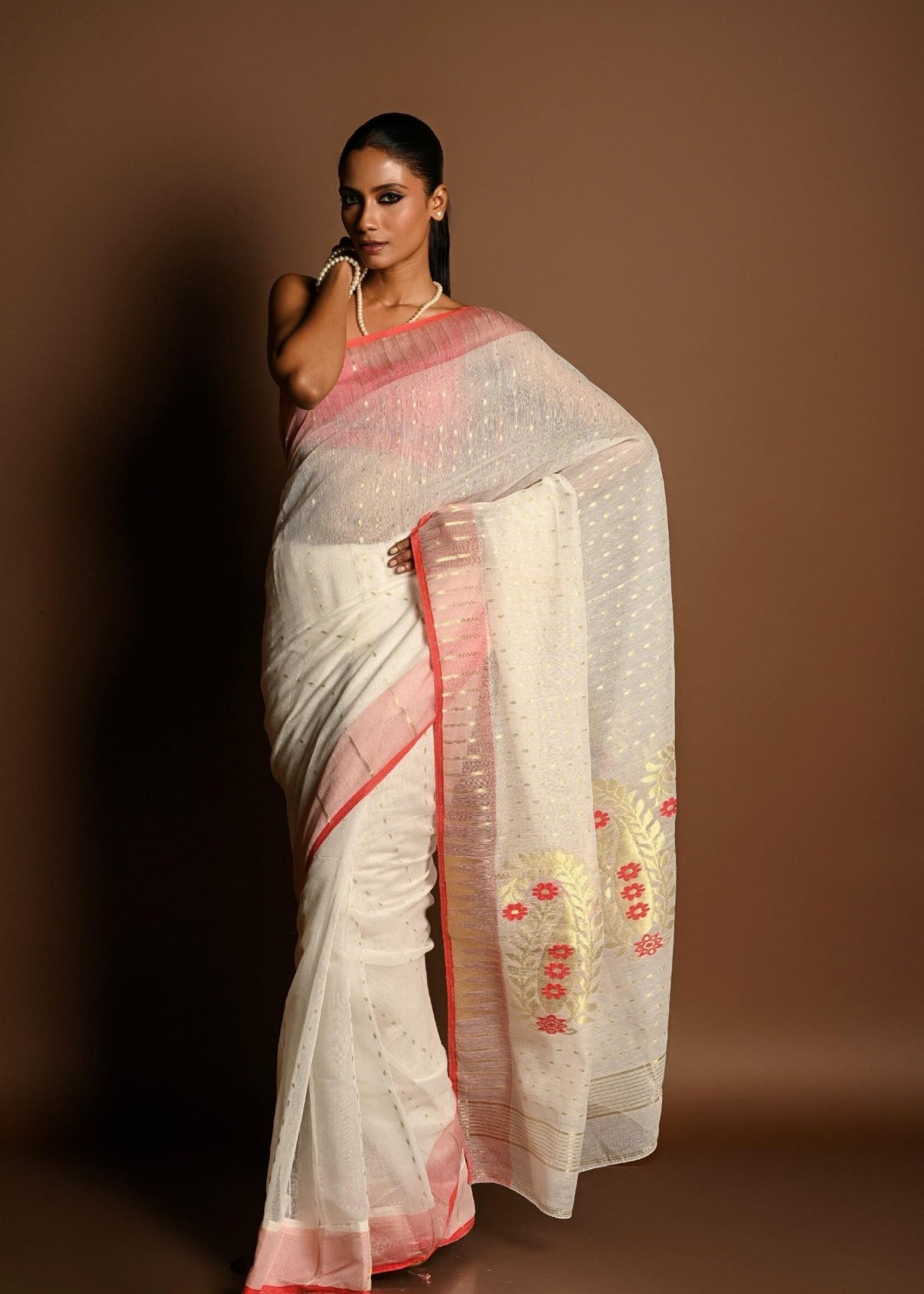 Red and White Tant Jamdani with Gold Zari Work - Anvi Couture