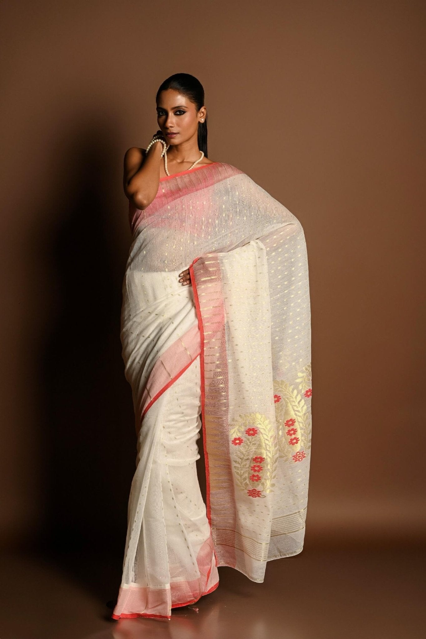 Red and White Tant Jamdani with Gold Zari Work - Anvi Couture