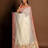 Red and White Tant Jamdani with Gold Zari Work - Anvi Couture