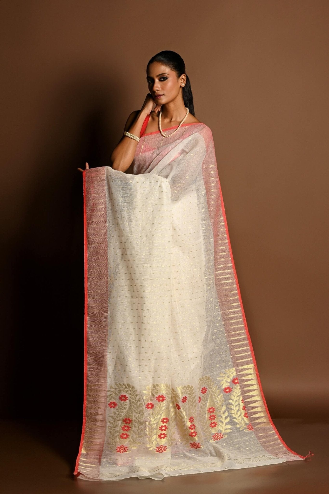 Red and White Tant Jamdani with Gold Zari Work - Anvi Couture