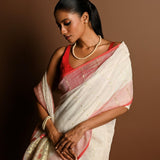 Red and White Tant Jamdani with Gold Zari Work - Anvi Couture