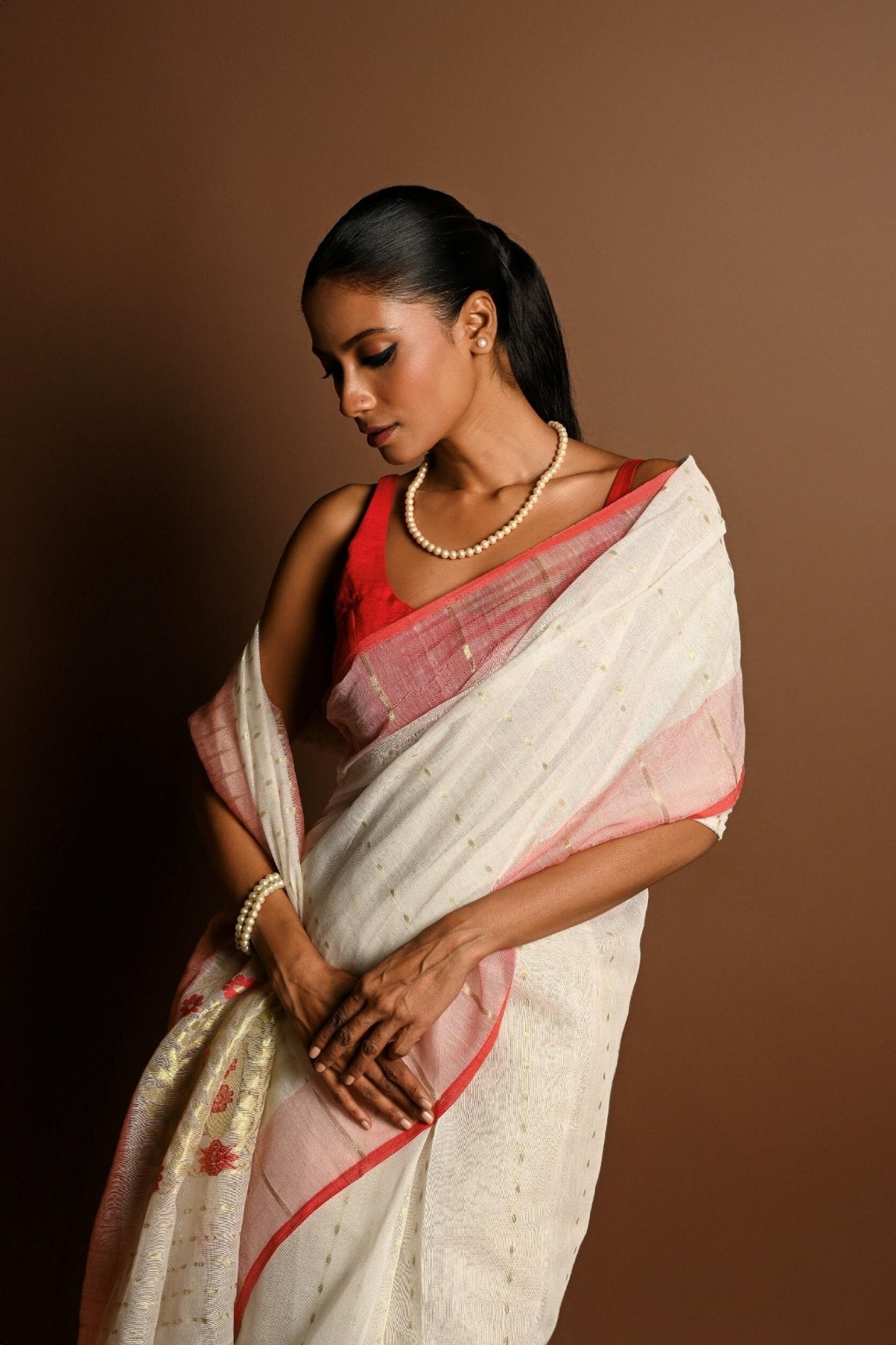 Red and White Tant Jamdani with Gold Zari Work - Anvi Couture