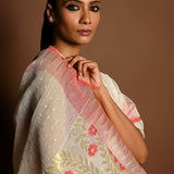 Red and White Tant Jamdani with Gold Zari Work - Anvi Couture
