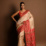 Red and White Tussar Silk Saree with Kantha Stitch Embroidery - Anvi Couture