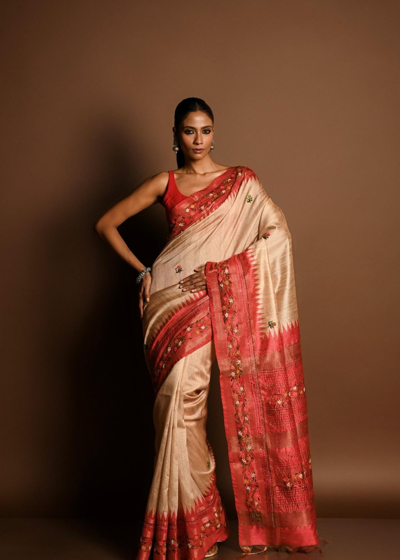 Red and White Tussar Silk Saree with Kantha Stitch Embroidery - Anvi Couture