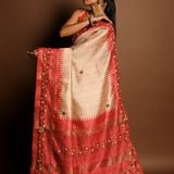 Red and White Tussar Silk Saree with Kantha Stitch Embroidery - Anvi Couture