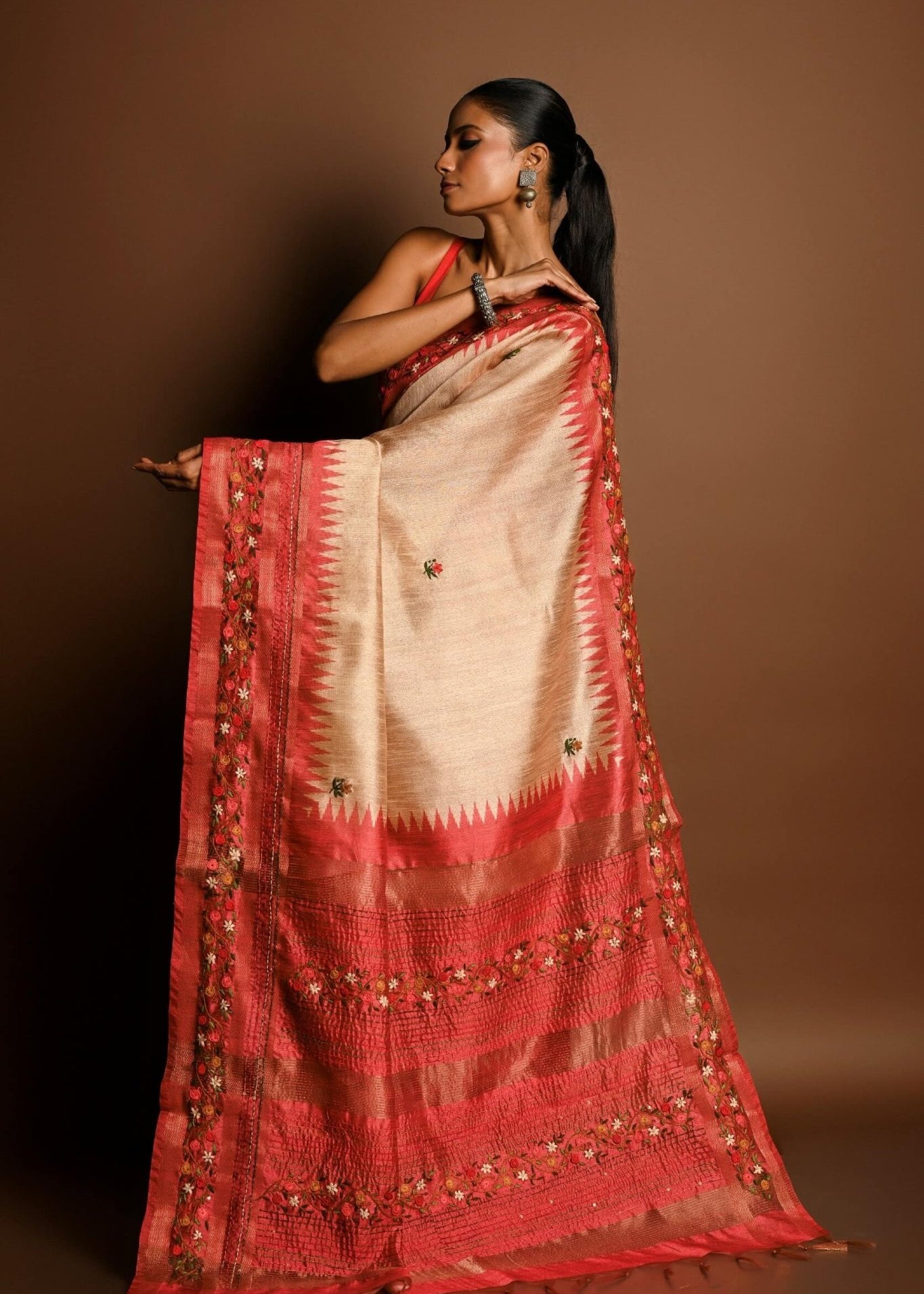 Red and White Tussar Silk Saree with Kantha Stitch Embroidery - Anvi Couture