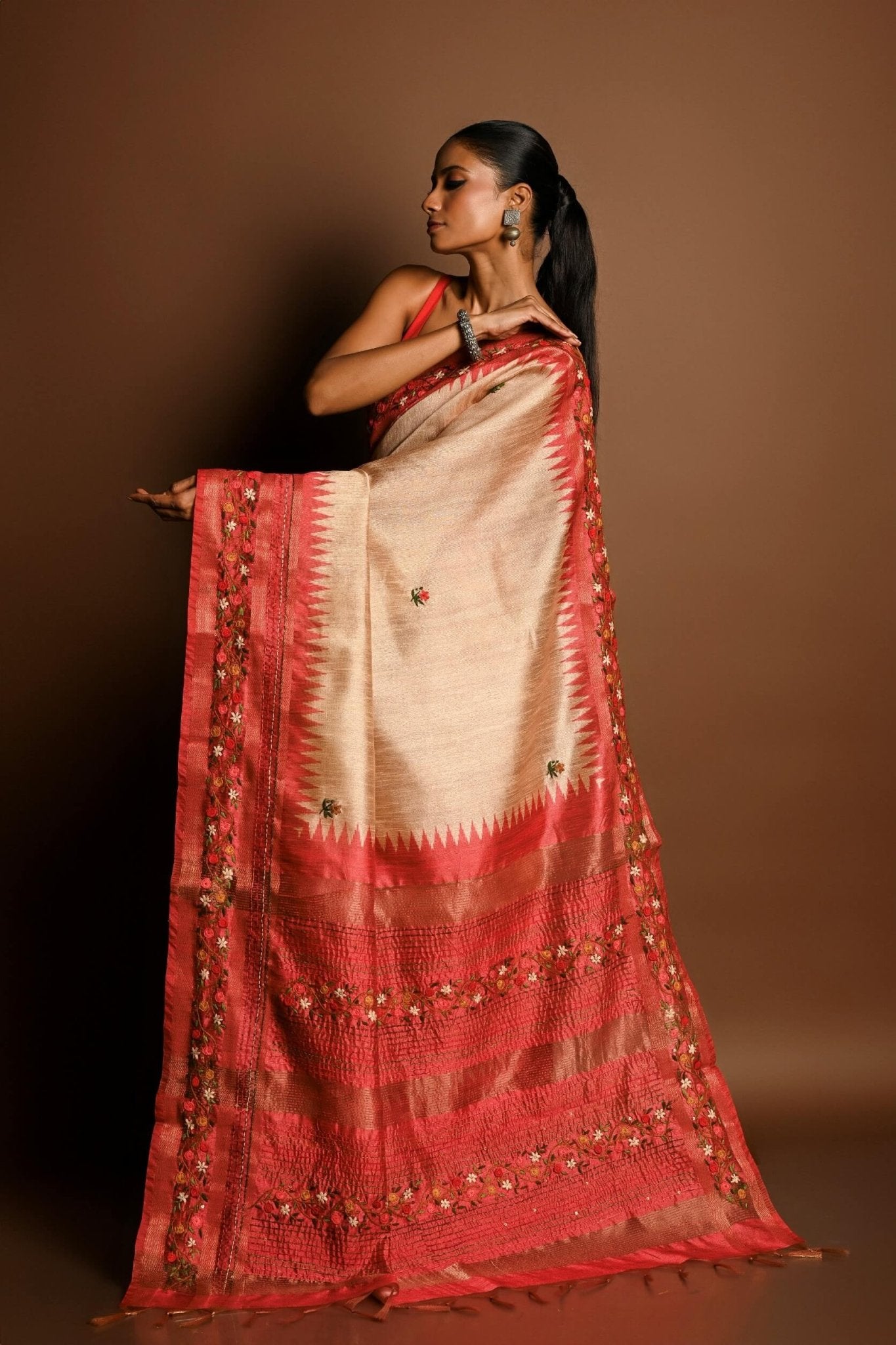 Red and White Tussar Silk Saree with Kantha Stitch Embroidery - Anvi Couture