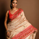 Red and White Tussar Silk Saree with Kantha Stitch Embroidery - Anvi Couture