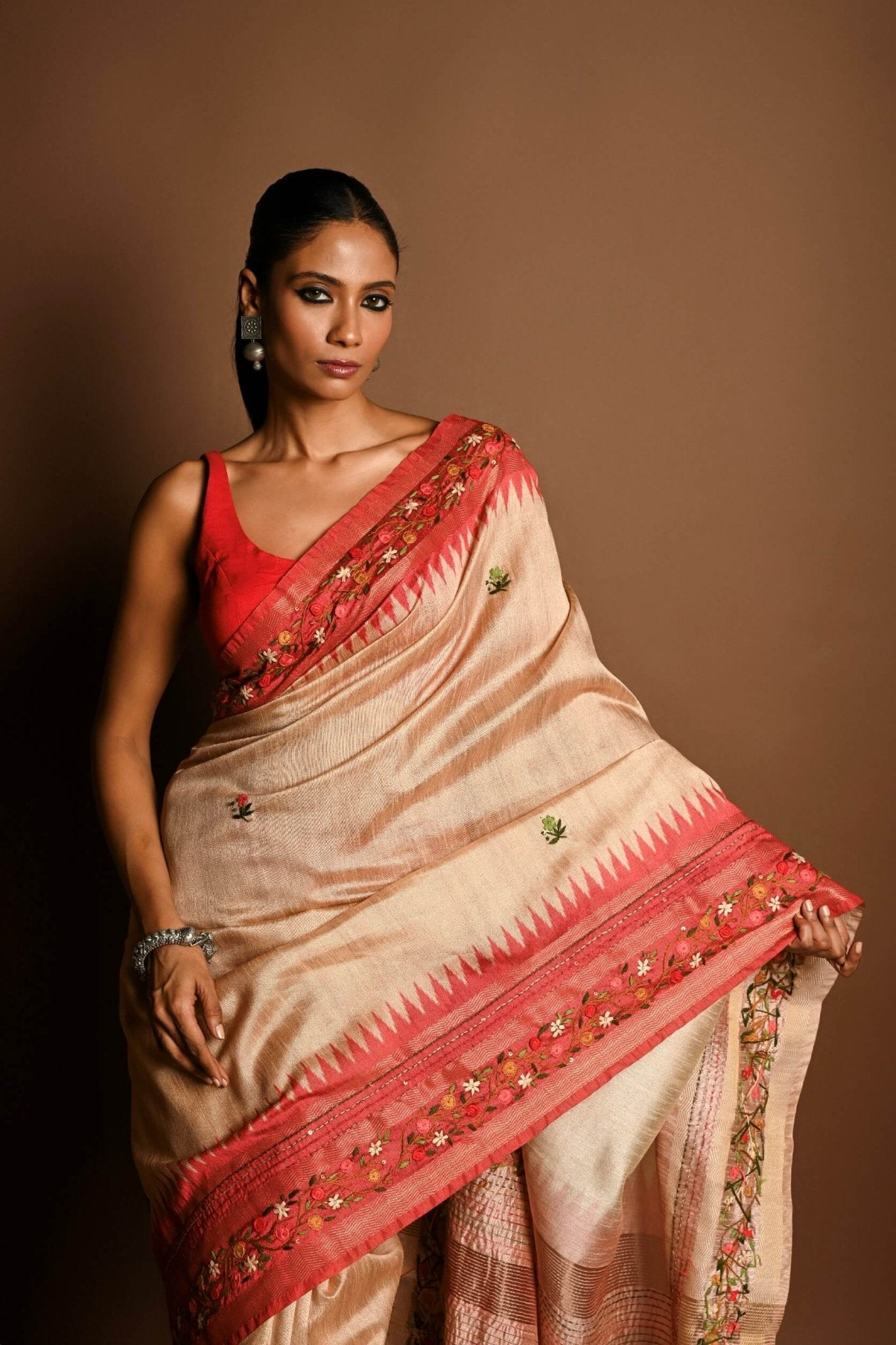 Red and White Tussar Silk Saree with Kantha Stitch Embroidery - Anvi Couture