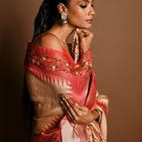 Red and White Tussar Silk Saree with Kantha Stitch Embroidery - Anvi Couture