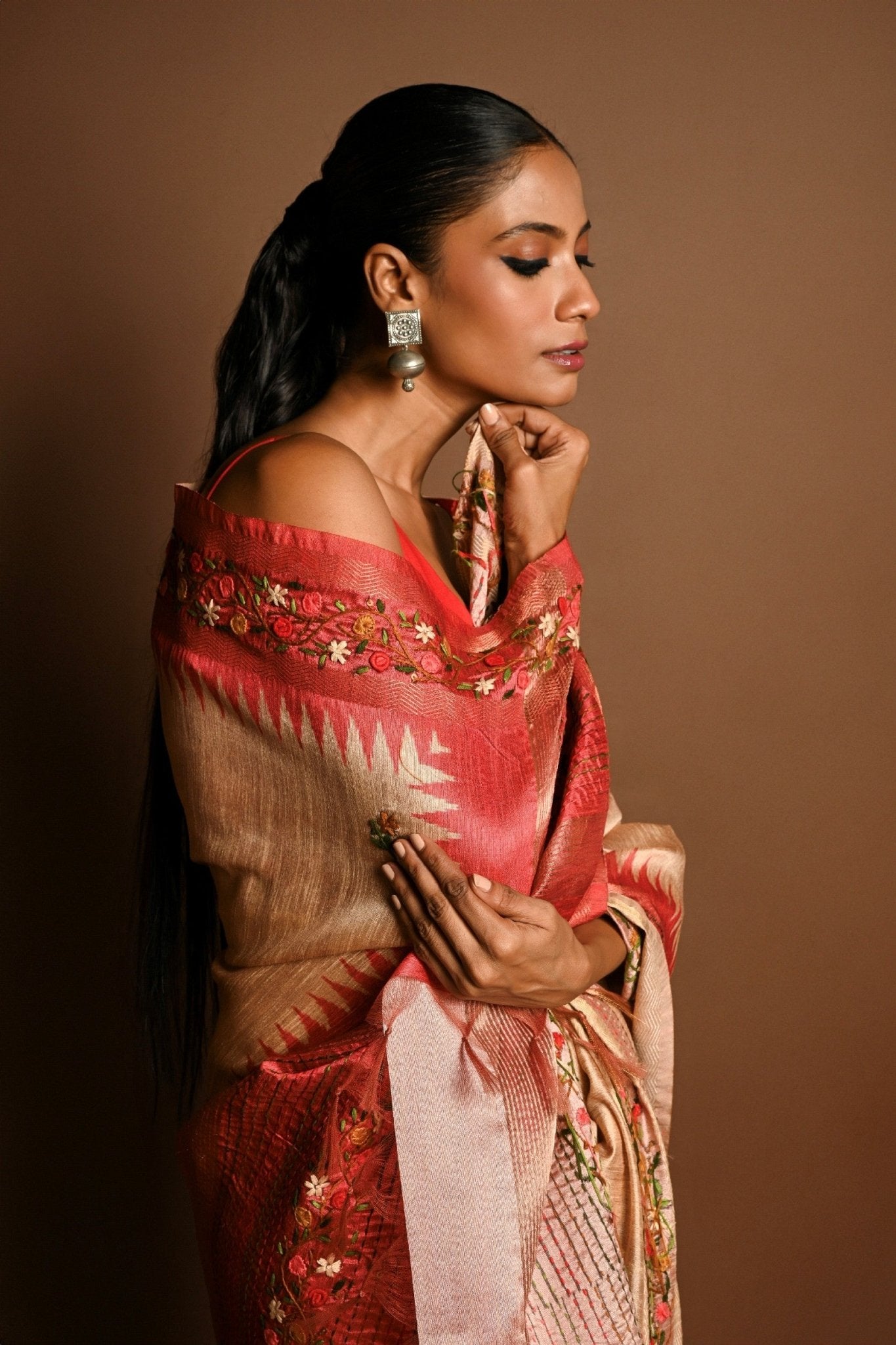 Red and White Tussar Silk Saree with Kantha Stitch Embroidery - Anvi Couture