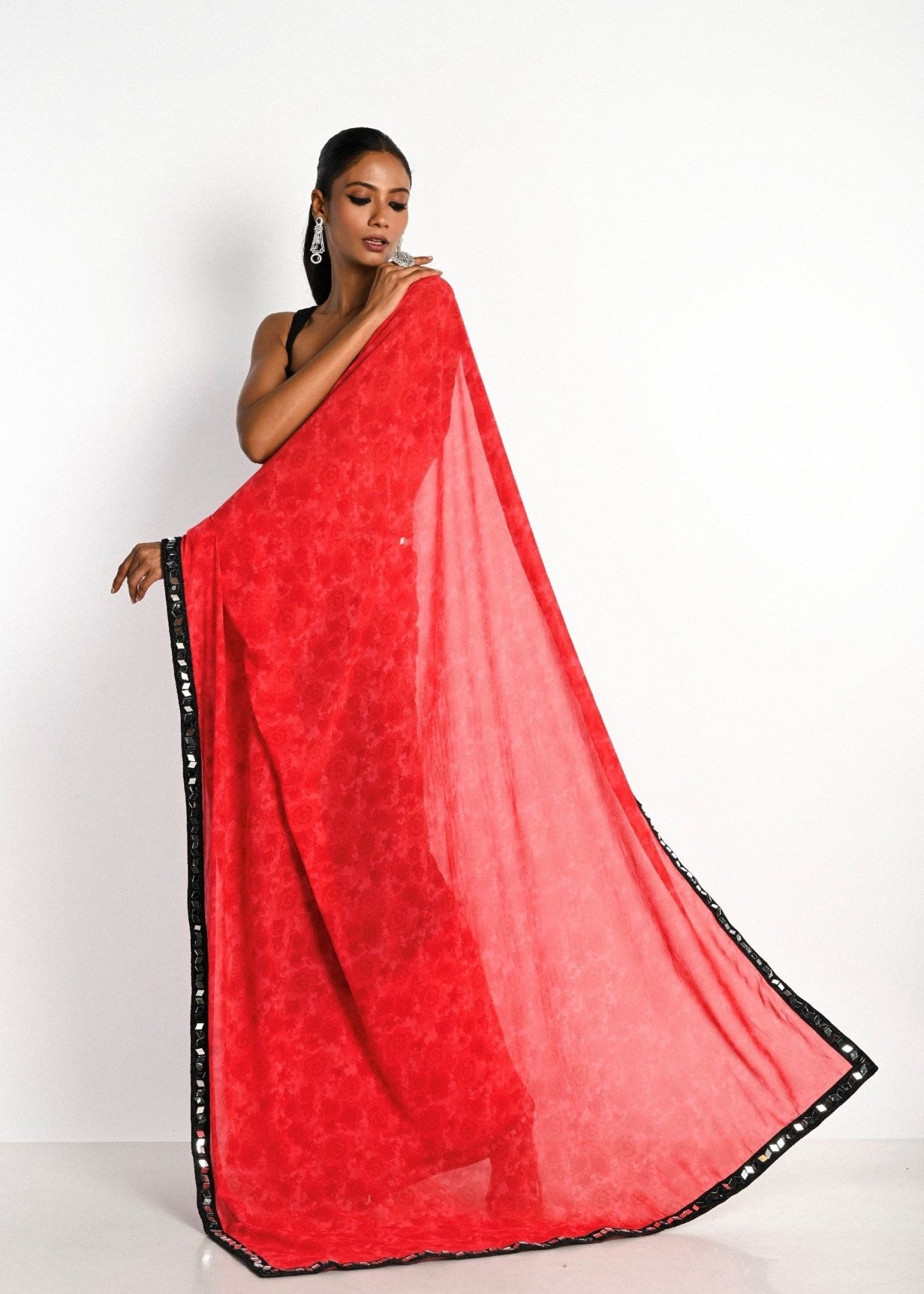 Pink and Black Printed Saree in Georgette with Plunging Neck Pleated Designer Blouse - Anvi Couture