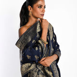 Navy Blue Mashru Satin Silk Banarasi with Matt Gold Zari Work - Anvi Couture