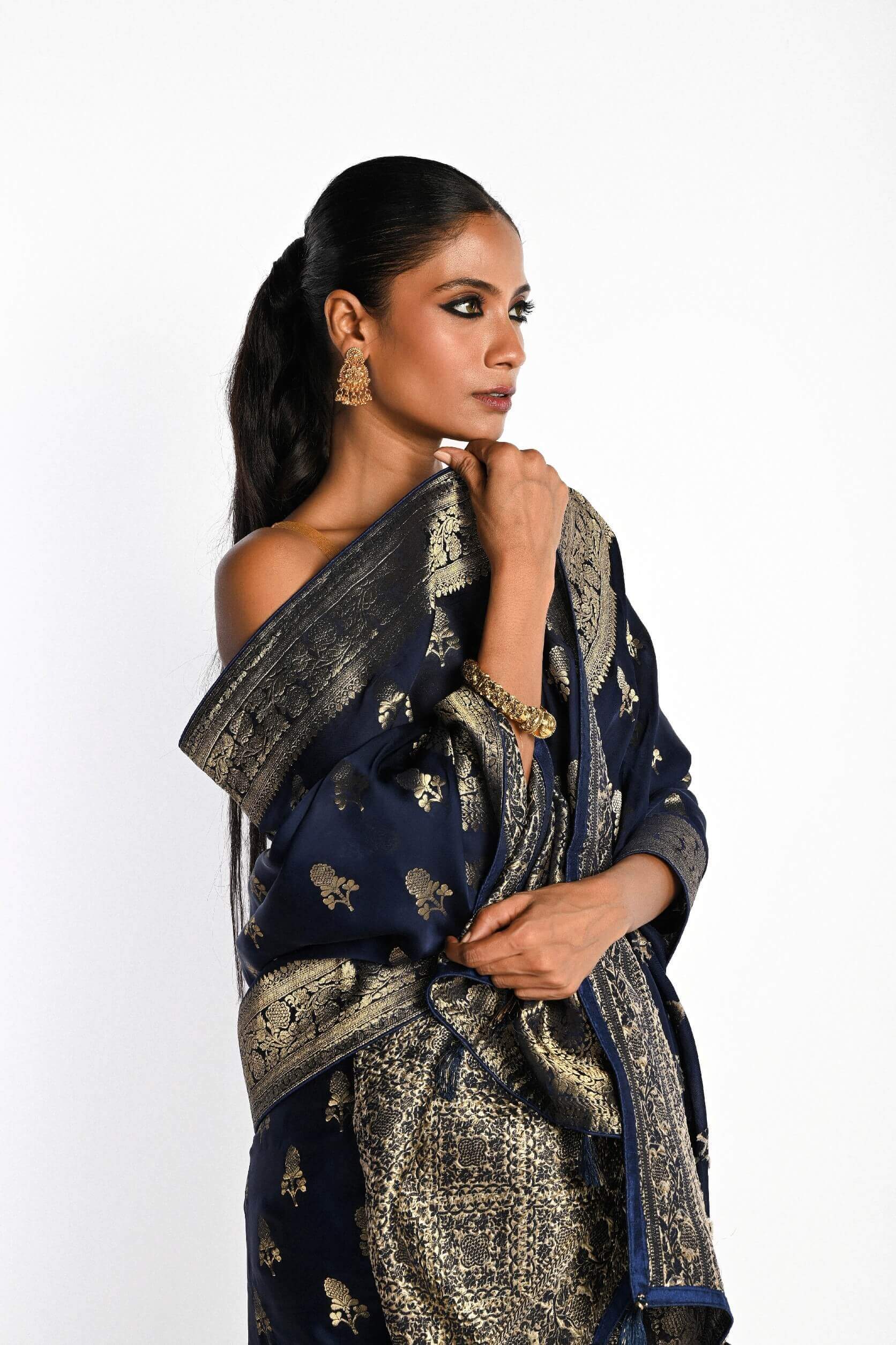 Navy Blue Mashru Satin Silk Banarasi with Matt Gold Zari Work - Anvi Couture