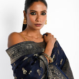 Navy Blue Mashru Satin Silk Banarasi with Matt Gold Zari Work - Anvi Couture
