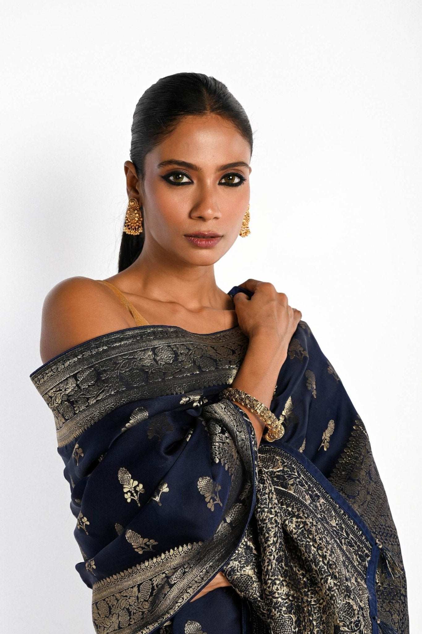 Navy Blue Mashru Satin Silk Banarasi with Matt Gold Zari Work - Anvi Couture
