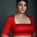 Red Half Sleeve Blouse in Cotton with Square Neckline and Back Cutout - Anvi Couture