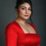 Red Half Sleeve Blouse in Cotton with Square Neckline and Back Cutout - Anvi Couture