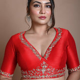 Red Hand Embroidered Halter Neck Blouse in Silk - Anvi Couture