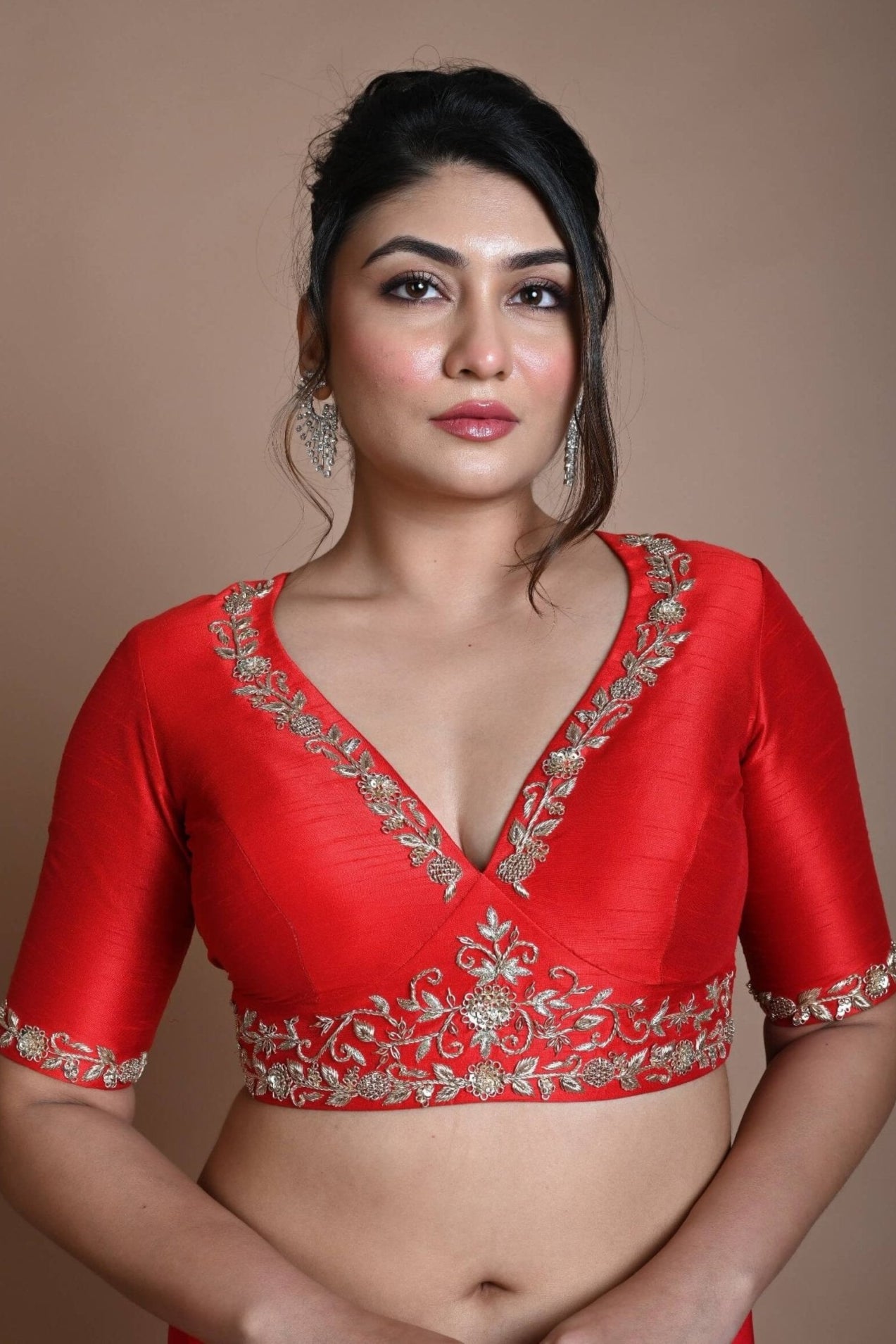 Red Hand Embroidered Halter Neck Blouse in Silk - Anvi Couture