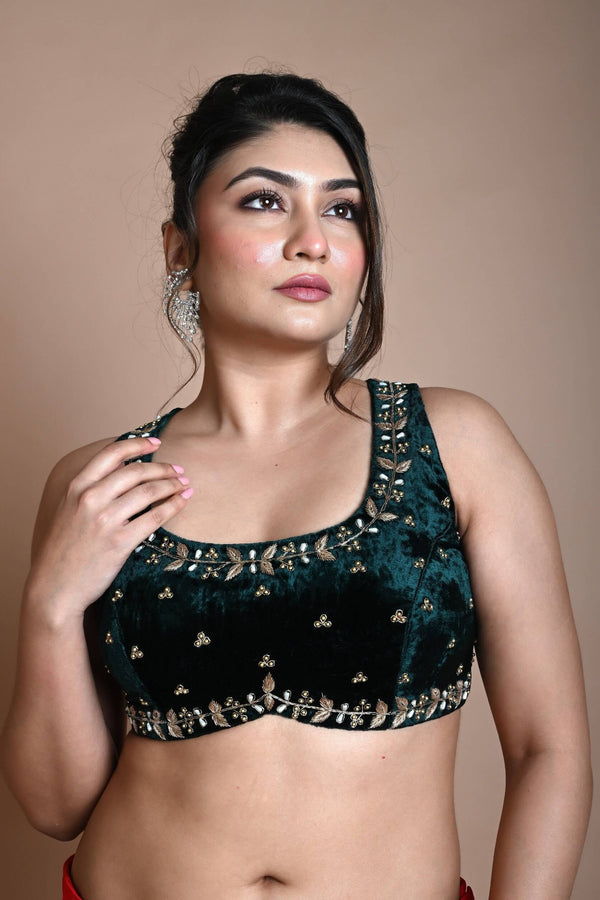 Green Backless Zardozi Hand Embroidered Sleeveless Blouse in Velvet - Anvi Couture
