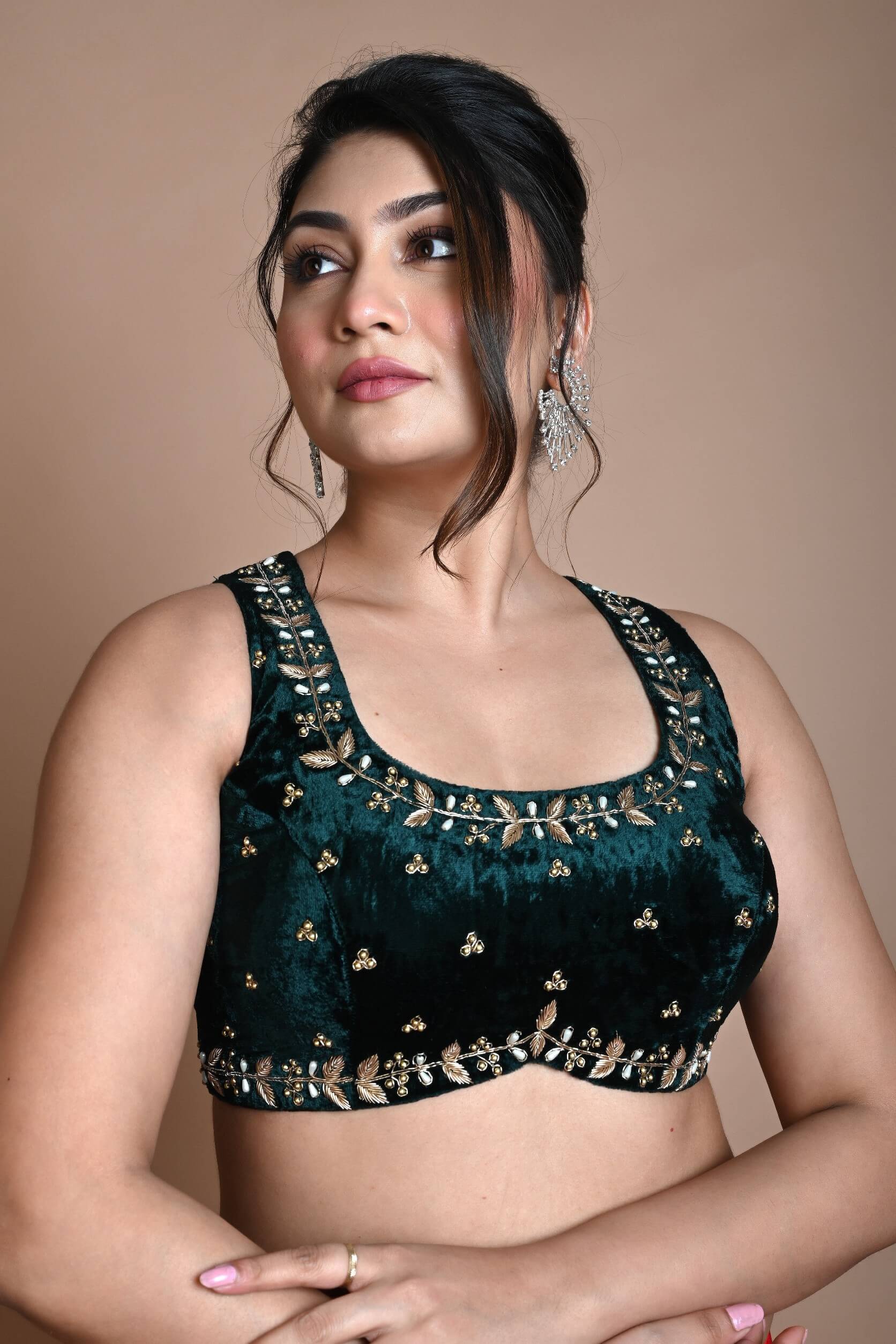 Green Backless Zardozi Hand Embroidered Sleeveless Blouse in Velvet - Anvi Couture
