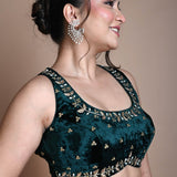 Green Backless Zardozi Hand Embroidered Sleeveless Blouse in Velvet - Anvi Couture