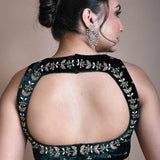 Green Backless Zardozi Hand Embroidered Sleeveless Blouse in Velvet - Anvi Couture