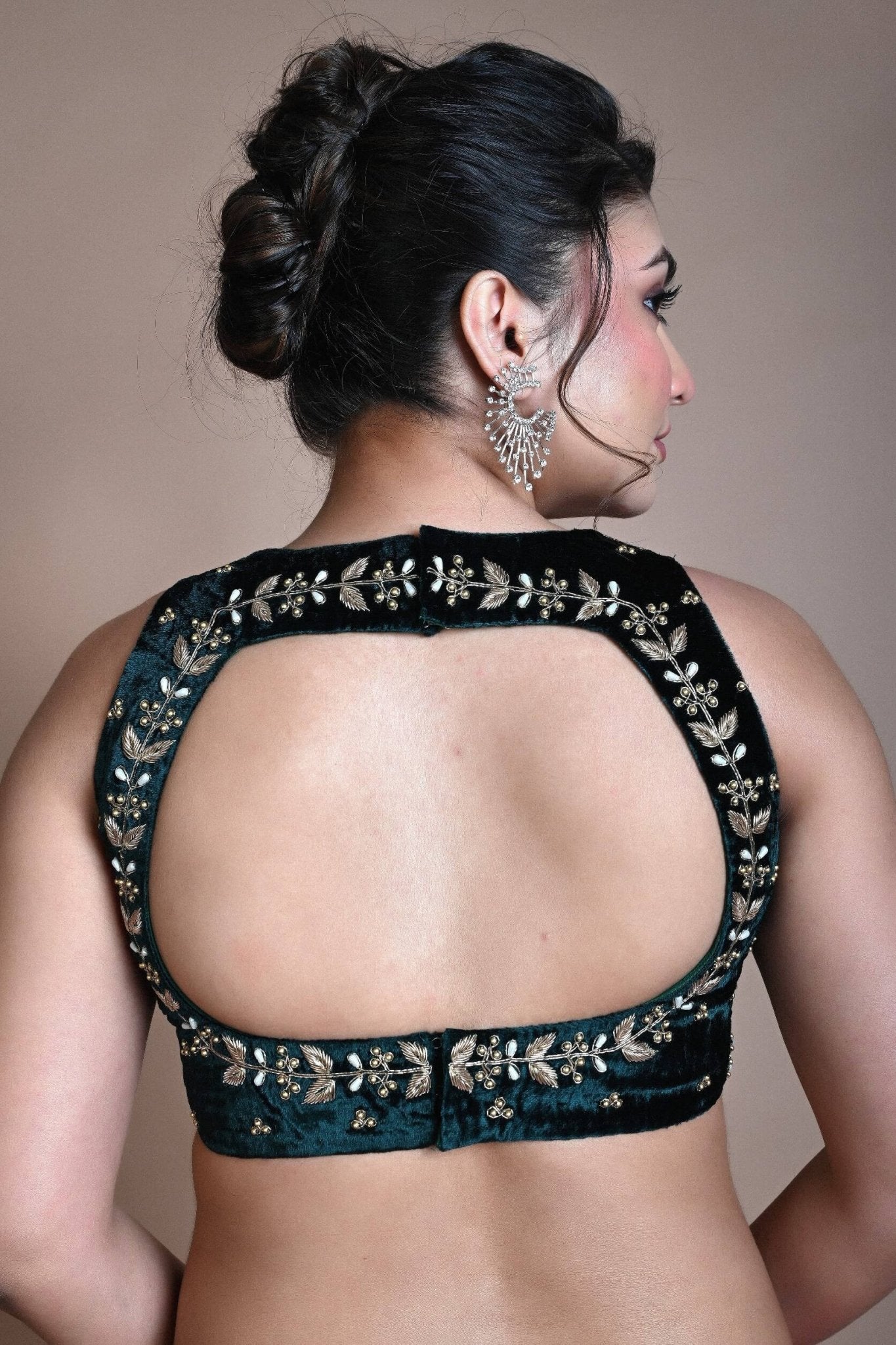 Green Backless Zardozi Hand Embroidered Sleeveless Blouse in Velvet - Anvi Couture