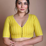Yellow Half Sleeve Blouse in Cotton with Deep V Neckline - Anvi Couture