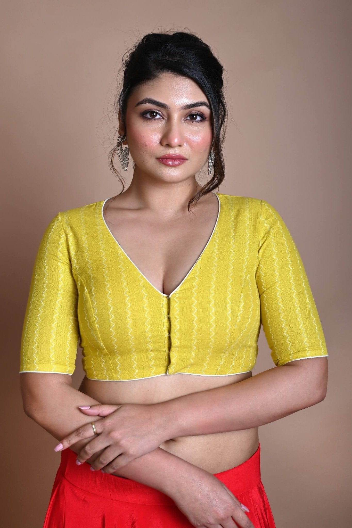 Yellow Half Sleeve Blouse in Cotton with Deep V Neckline - Anvi Couture