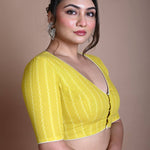 Yellow Half Sleeve Blouse in Cotton with Deep V Neckline - Anvi Couture