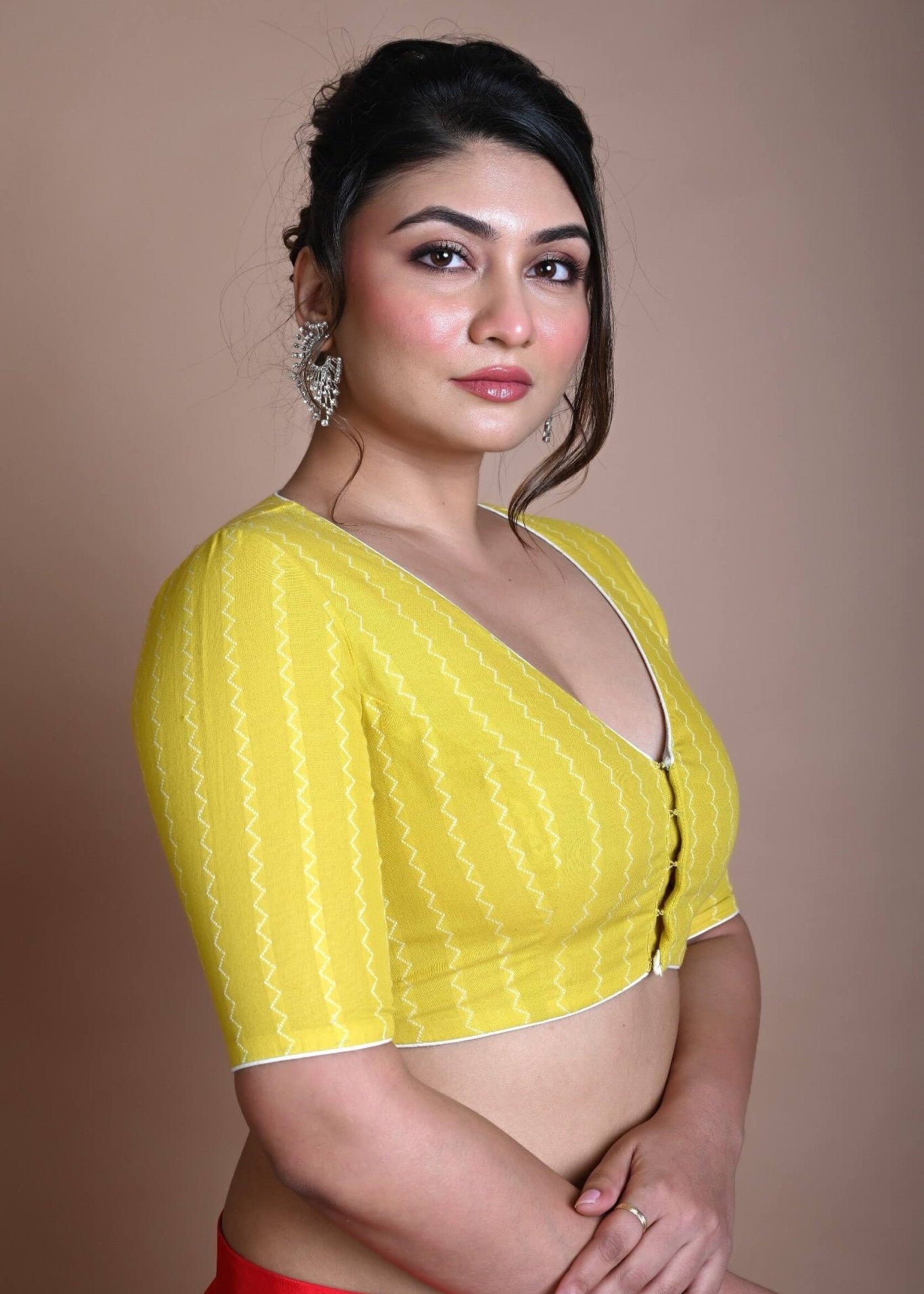 Yellow Half Sleeve Blouse in Cotton with Deep V Neckline - Anvi Couture