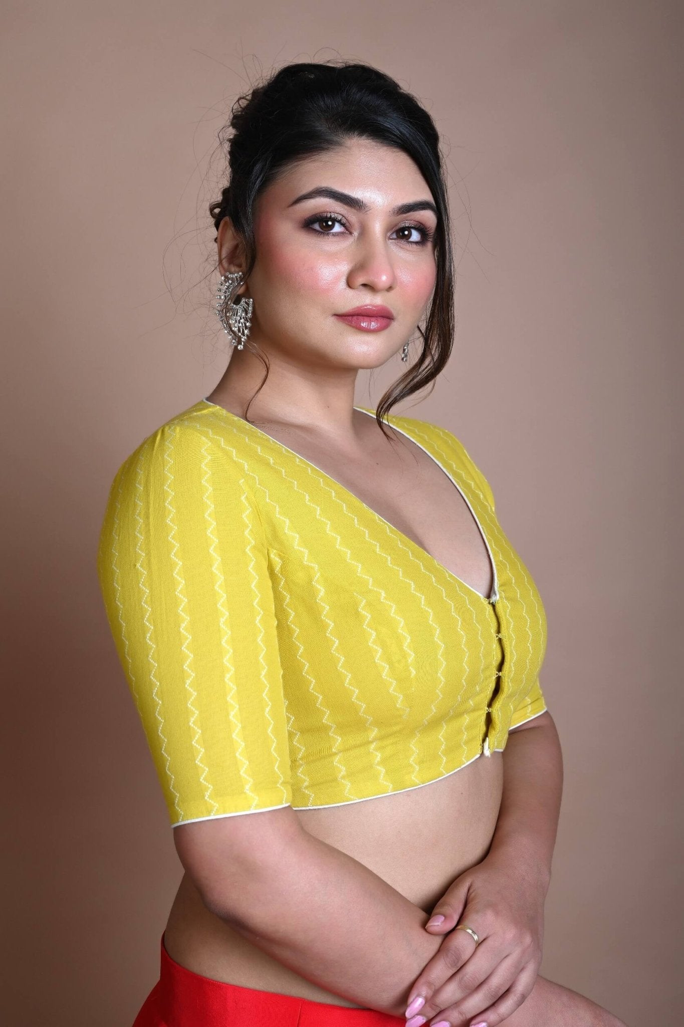 Yellow Half Sleeve Blouse in Cotton with Deep V Neckline - Anvi Couture