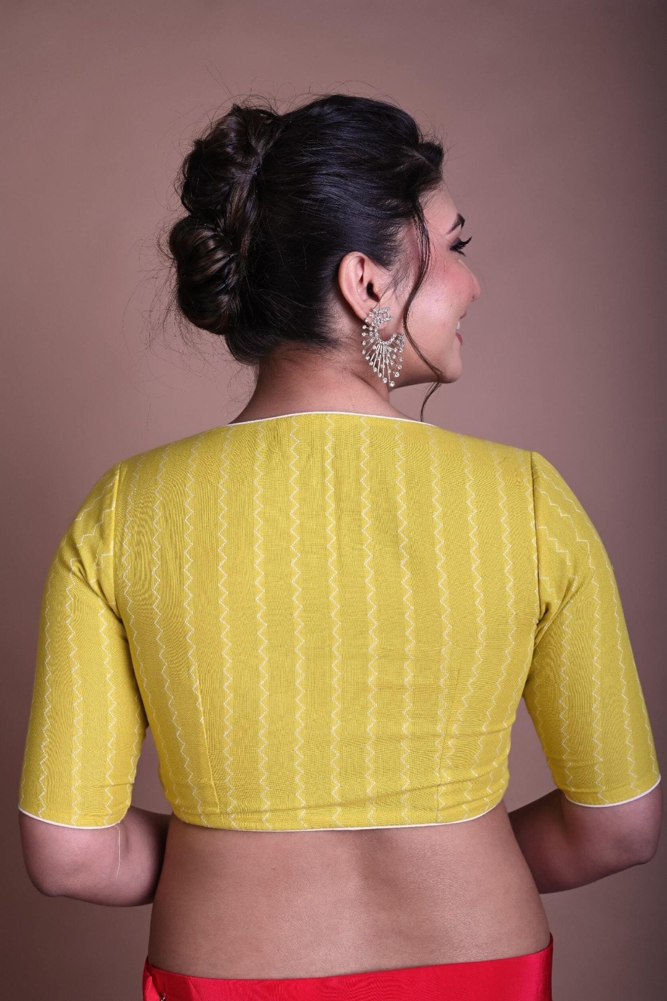 Yellow Half Sleeve Blouse in Cotton with Deep V Neckline - Anvi Couture