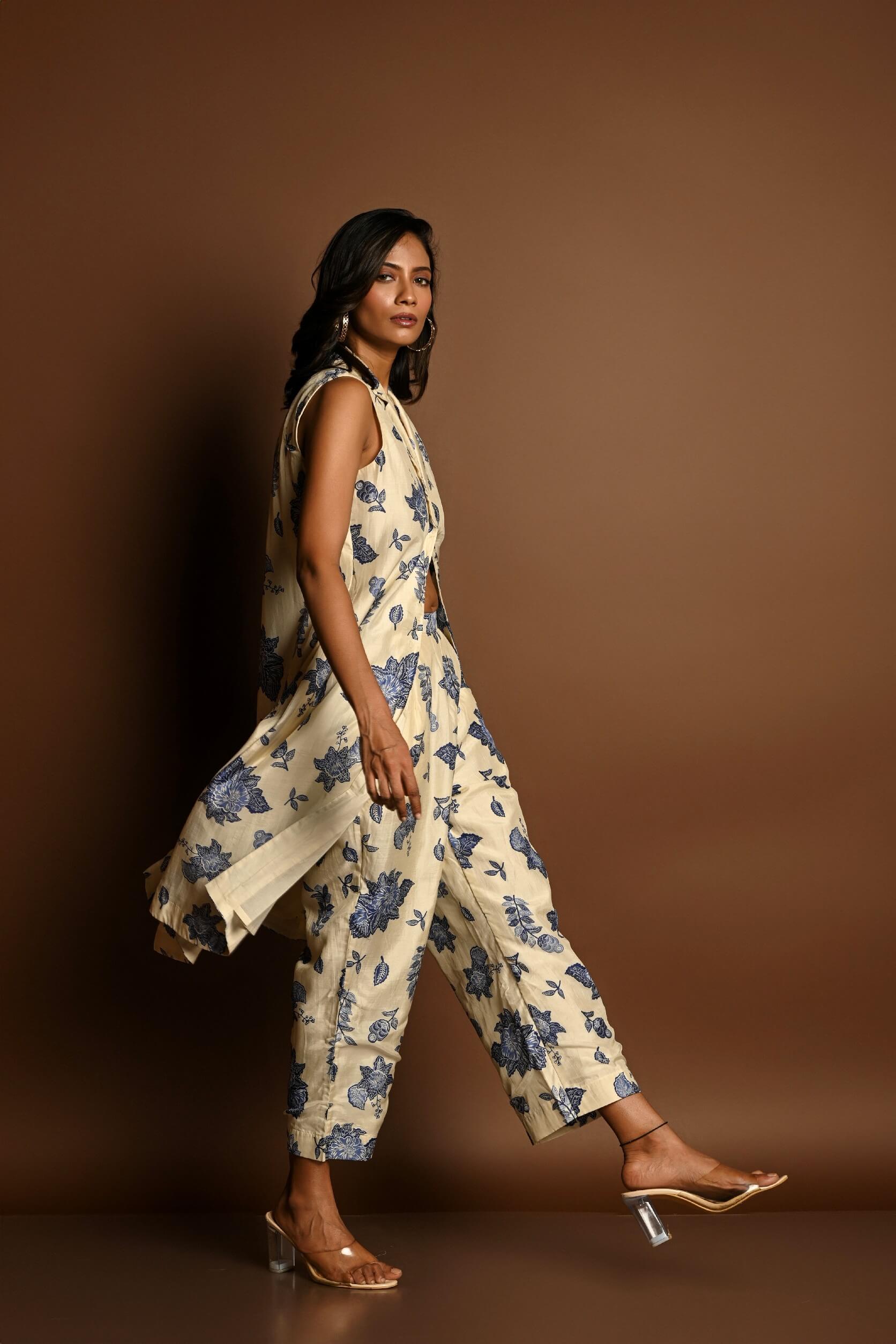 Long Jacket and Pant Set in Floral Prints - Anvi Couture