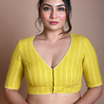 Yellow Half Sleeve Blouse in Cotton with Deep V Neckline - Anvi Couture