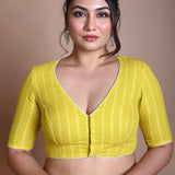 Yellow Half Sleeve Blouse in Cotton with Deep V Neckline - Anvi Couture