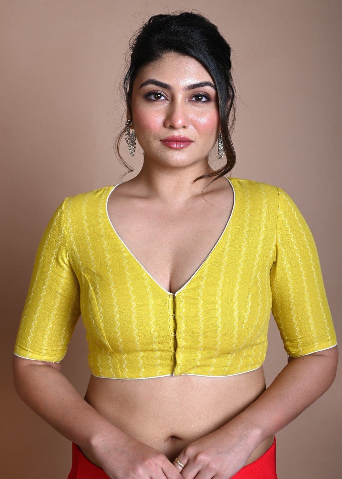 Yellow Half Sleeve Blouse in Cotton with Deep V Neckline - Anvi Couture