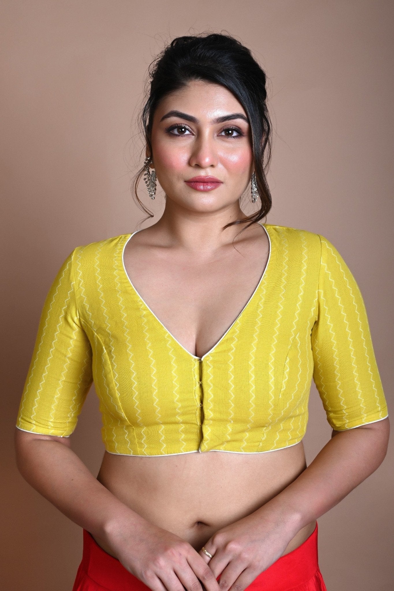 Yellow Half Sleeve Blouse in Cotton with Deep V Neckline - Anvi Couture